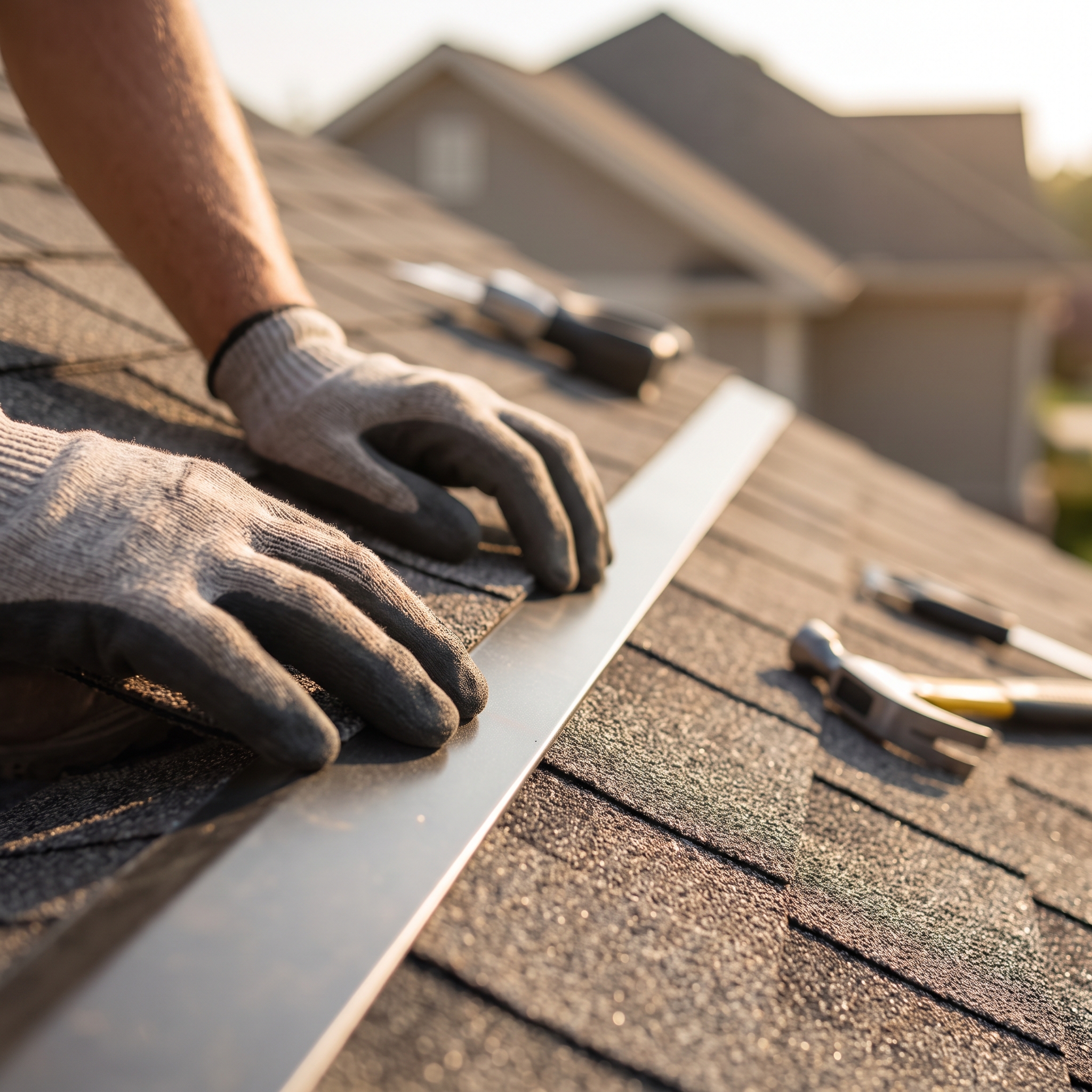 Close-up of gloved hands installing Class 4 impact-rated architectural shingles and new metal drip-edge flashing