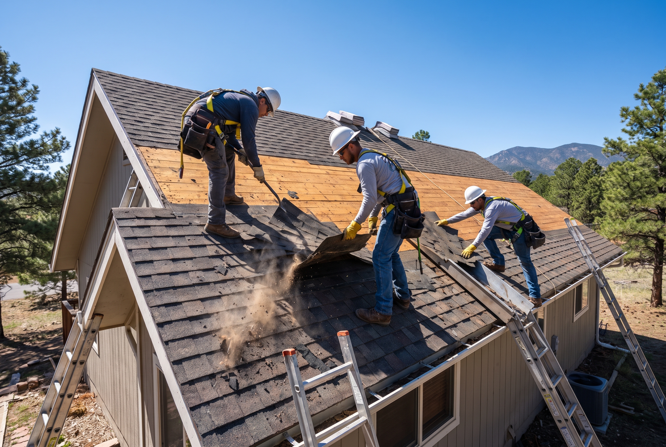 Summit and Peak Roofing crew mid tear-off, removing old shingles from a Denver residential roof