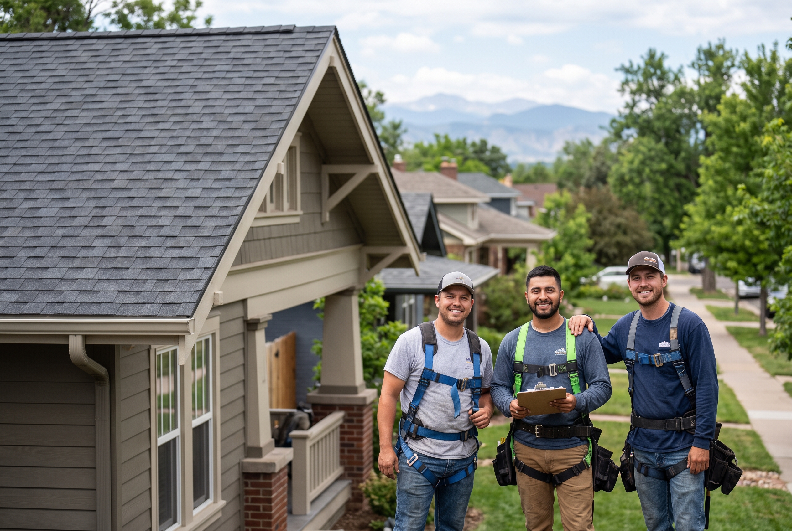 Summit and Peak Roofing crew standing beside a finished roof replacement in a Denver-area neighborhood
