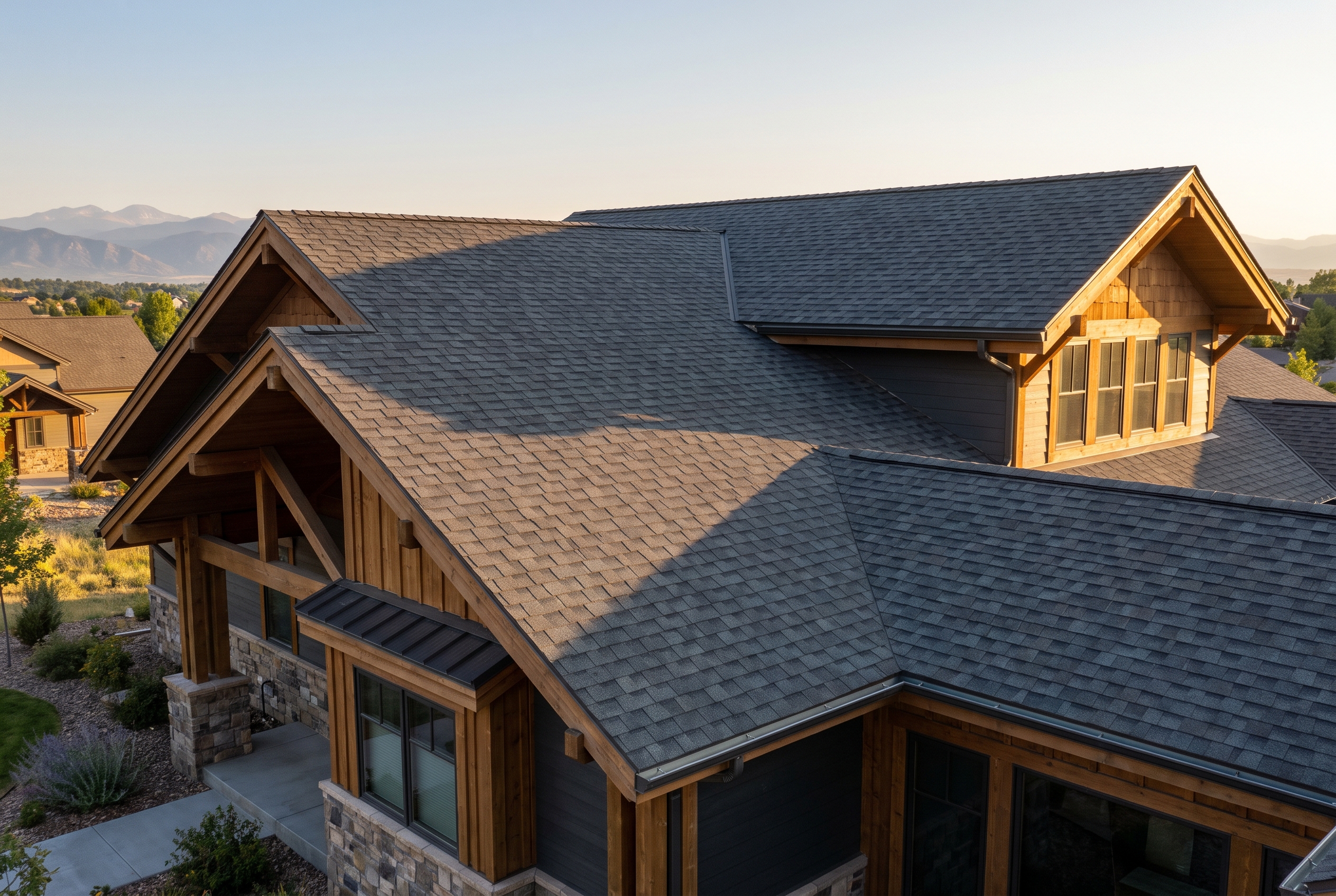 Newly replaced charcoal-gray architectural shingle roof on a Denver-area craftsman home with the Rocky Mountains in the background